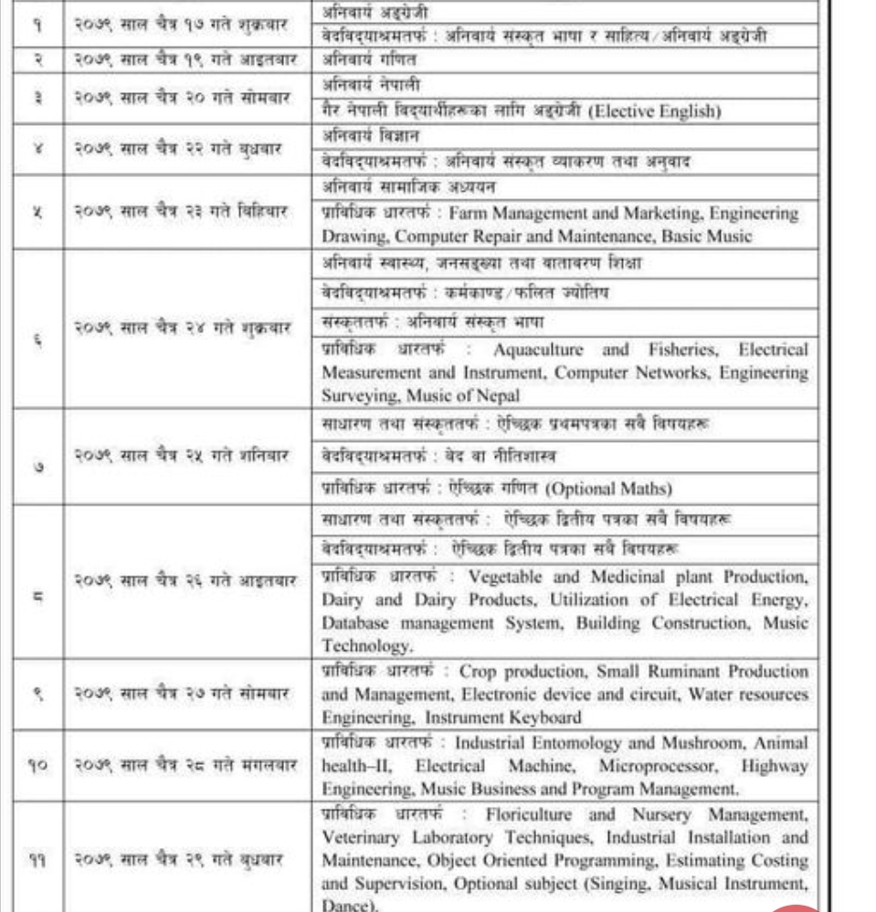 यसईई  परिक्षा तालिका सार्वजनिक