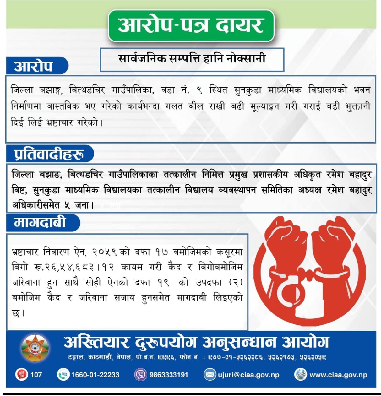 बझाङको विद्यालय भवन निर्माणमा भ्रष्टाचार, ५ जनाविरुद्ध मुद्दा दायर