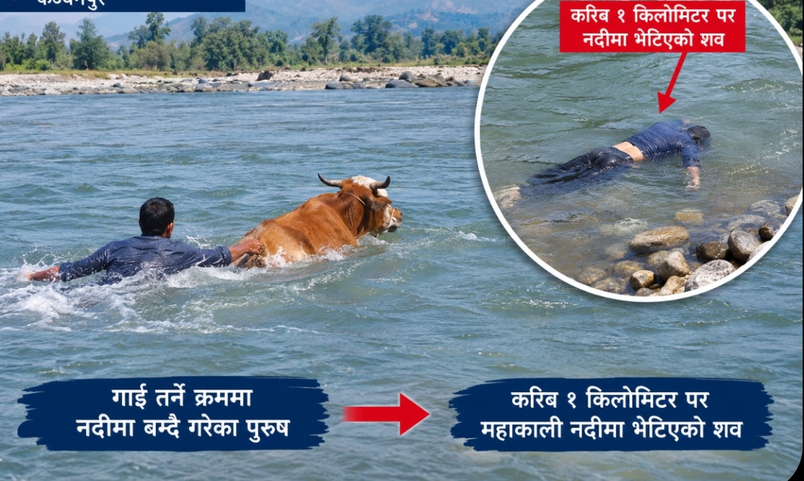 गाई तार्ने क्रममा महाकाली नदीमा बगेर एक पुरुषको मृत्यु